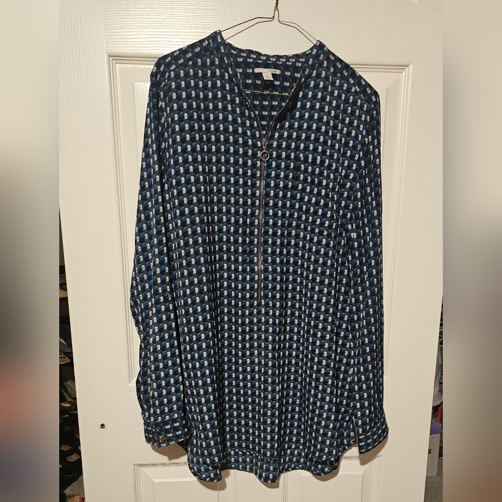 Halogen Black Green Blue Geometric Blouse with Half Zipper sz L